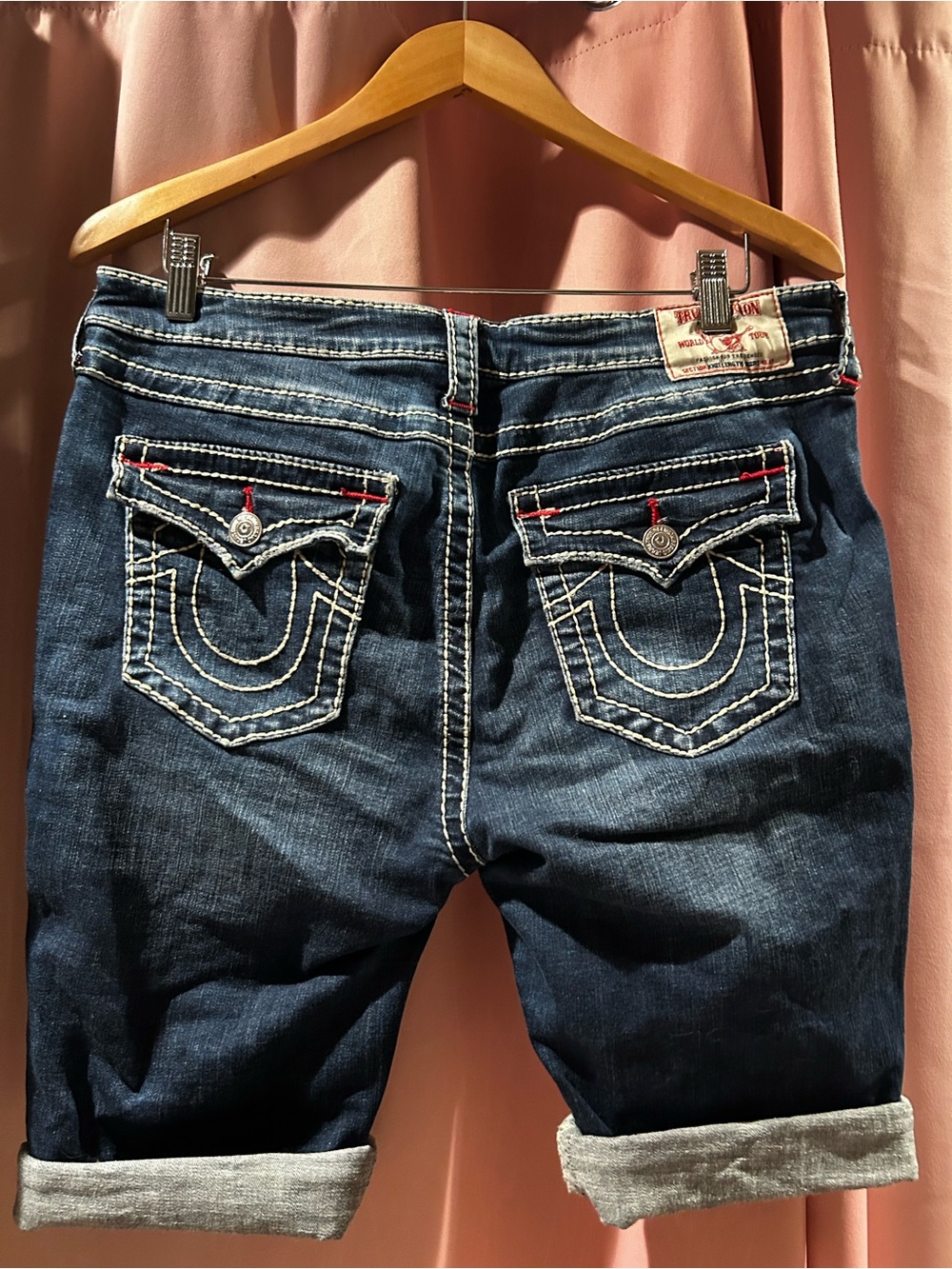 True Religion Dark Blue Denim Rolled Cuff Shorts with Contrast Stitching